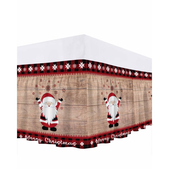 Merry Christmas Bed Skirt Gnome Elves on Retro Wooden Board Bed Skirts Queen Size 16 Inch Drop, Wrap Around Dust Ruffle Bedskirt with Adjustable Elastic Belt for Queen Size Beds