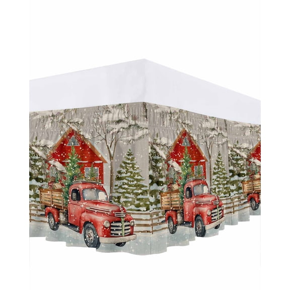 Merry Christmas Bed Skirt King Size 16&nbsp;Inch Drop, Xmas Tree Red Truck Barn Snowflake Gray Wrap Around Dust Ruffle Bedskirts, Wrinkle & Fade Resistant Easy Fit Bedskirt with Adjustable Elastic
