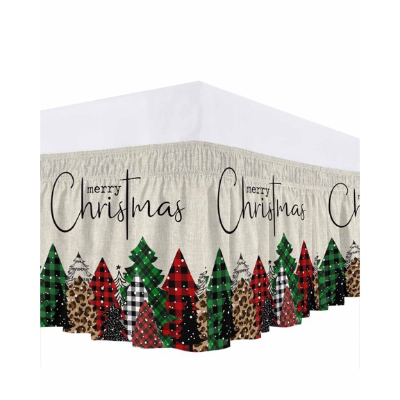 Merry Christmas Bed Skirt King Size 18 Inch Drop, Green Red Plaid Buffalo Xmas Tree Beige Linen Wrap Around Dust Ruffle Bedskirts, Wrinkle & Fade Resistant Easy Fit Bedskirt with Adjustable Elastic