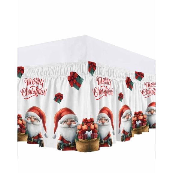 Merry Christmas Bed Skirt Santa Clause Gnome Gifts White Bed Skirts Queen Size 16 Inch Drop, Wrap Around Dust Ruffle&nbsp;Bedskirt with Adjustable Elastic Belt for Queen Size Beds