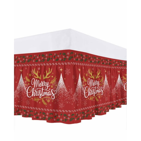 Merry Christmas Bed Skirt Snowflakes Antlers Flower Winter Red Bed Skirts King Size 18 Inch Drop, Wrap Around Dust Ruffle Bedskirt with Adjustable Elastic Belt for Queen Size Beds