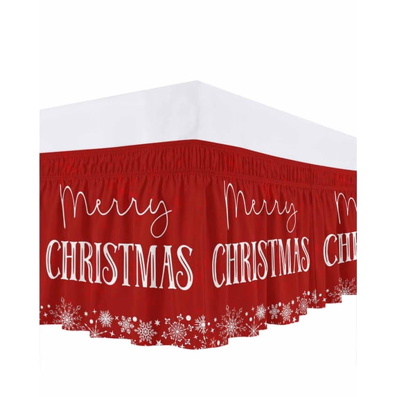 Merry Christmas Bed Skirt Winter Snowflake Red Bed Skirts Queen Size 16 Inch Drop, Wrap Around Dust Ruffle Bedskirt with Adjustable Elastic Belt for Queen Size Beds