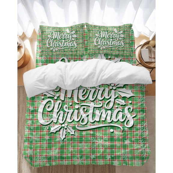 Merry Christmas Bedding Duvet Cover Set Full Size 4 Pieces Poinsettia Winter Snowflakes Green Plaid Bedding Set with Zipper Closure, 1 Comforter Cover 86x86 Inches 1 Flat Sheet & 2 Pillow Cases