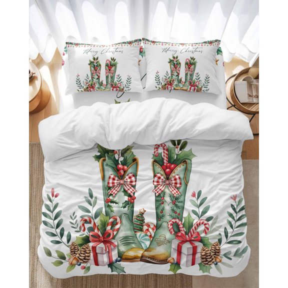 Merry Christmas Bedding Duvet Cover Set California King Size 4 Pieces Western Green Boots Pine Leaf Candy Canes Bedding Set with Zipper, 1 Comforter Cover 96x104 Inches 1 Flat Sheet & 2 Pillow Cases