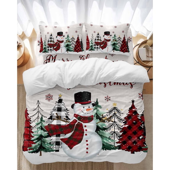 Merry Christmas Bedding Duvet Cover Set Queen Size 4 Pieces Christmas Snowman Tree Red Plaids Linen Bedding Set with Zipper Closure, 1 Comforter Cover 90x92 Inches 1 Flat Sheet & 2 Pillow Cases