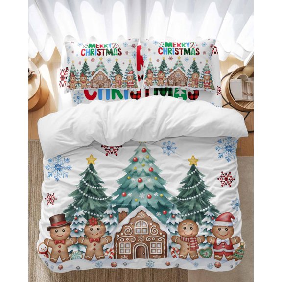 Merry Christmas Bedding Duvet Cover Set Queen Size 4 Pieces Gingerbread Man Snowflake Winter Bedding Set with Zipper Closure, 1 Comforter Cover 90x92 Inches 1 Flat Sheet & 2 Pillow Cases