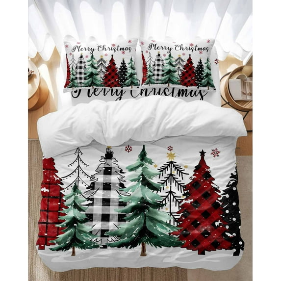 Merry Christmas Bedding Duvet Cover Set Twin 4 Pieces Red Black Plaid Christmas Green Tree Snowflakes Bedding Set with Zipper Closure,1 Comforter Cover 68x86 Inches 1 Flat Sheet & 2 Pillow Cases