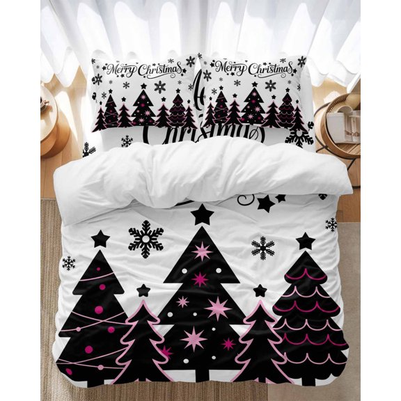 Merry Christmas Bedding Duvet Cover Set Twin Size 4 Pieces Black Christmas Tree Snowflakes Bedding Set with Zipper Closure, 1 Comforter Cover 68x86 Inches 1 Flat Sheet & 2 Pillow Cases