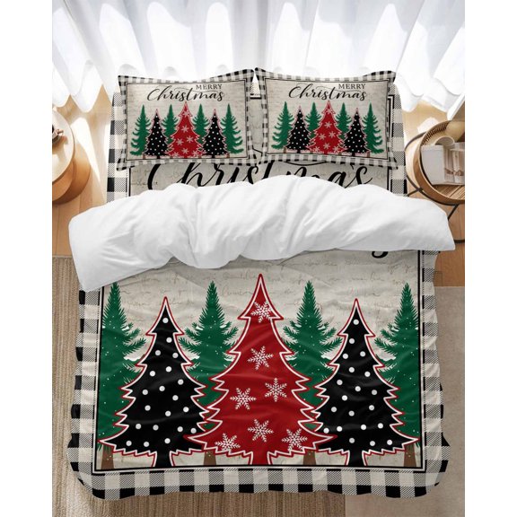 Merry Christmas Bedding Duvet Cover Set Twin Size 4 Pieces Christmas Tree Winter Snowflake Retro Plaid Bedding Set with Zipper Closure, 1 Comforter Cover 68x86 Inches 1 Flat Sheet & 2 Pillow Cases
