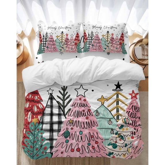Merry Christmas Bedding Duvet Cover Set Twin Size 4 Pieces Colorful Xmas Tree Winter Snowflake Bedding Set with Zipper Closure, 1 Comforter Cover 68x86 Inches 1 Flat Sheet & 2 Pillow Cases