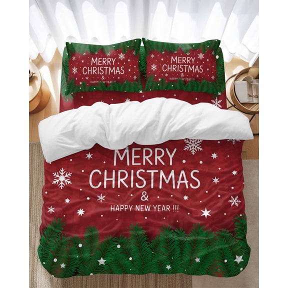 Merry Christmas Bedding Duvet Cover Set Twin Size 4 Pieces Happy New Year Evergreen Bough Snowflakes Bedding Set with Zipper Closure, 1 Comforter Cover 68x86 Inches 1 Flat Sheet & 2 Pillow Cases