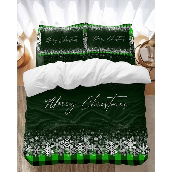 Merry Christmas Bedding Duvet Cover Set Twin Size 4 Pieces Modern Snowflakes Buffalo Plaid Dark Green Bedding Set with Zipper Closure, 1 Comforter Cover 68x86 Inches 1 Flat Sheet & 2 Pillow Cases