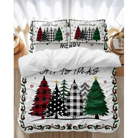 Merry Christmas Bedding Duvet Cover Set Twin Size 4 Pieces Red Green Black Xmas Tree Floral Border Bedding Set with Zipper Closure, 1 Comforter Cover 68x86 Inches 1 Flat Sheet & 2 Pillow Cases