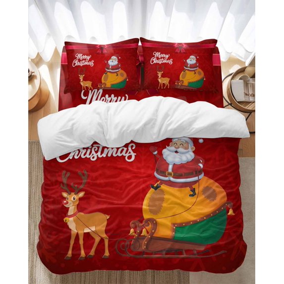 Merry Christmas Bedding Duvet Cover Set Twin Size 4 Pieces Red Santa Claus Reindeer Gift Car Bow Snow Bedding Set with Zipper Closure, 1 Comforter Cover 68x86 Inches 1 Flat Sheet & 2 Pillow Cases