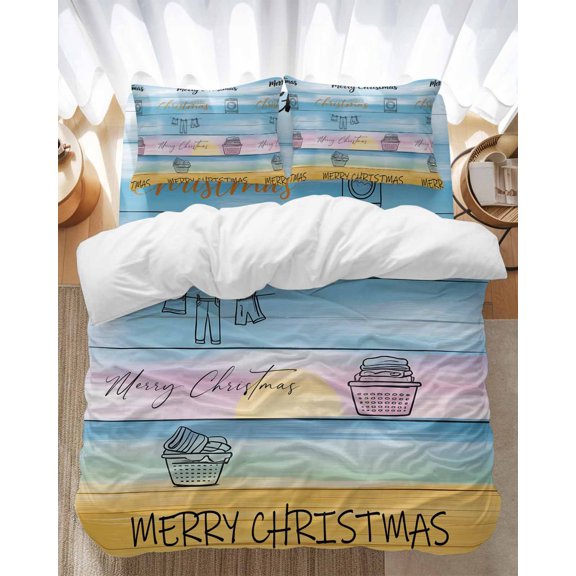 Merry Christmas Bedding Duvet Cover Set Twin Size 4 Pieces Washing Machine Clothes Blue Yellow Woodcuts Bedding Set with Zipper Closure, 1 Comforter Cover 68x90 Inches 1 Flat Sheet & 2 Pillow Cases