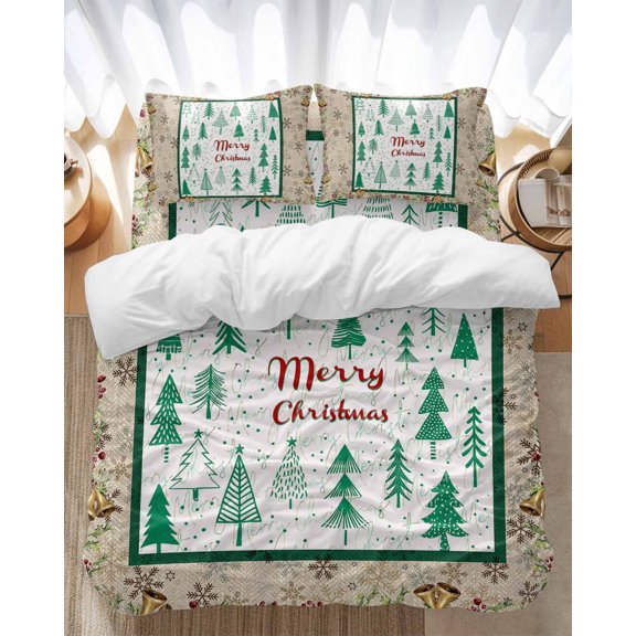 Merry Christmas Bedding Duvet Cover Set Twin Size 4 Pieces Xmas Tree Holly Bell Graffiti Bedding Set with Zipper Closure, 1 Comforter Cover 68x86 Inches 1 Flat Sheet & 2 Pillow Cases