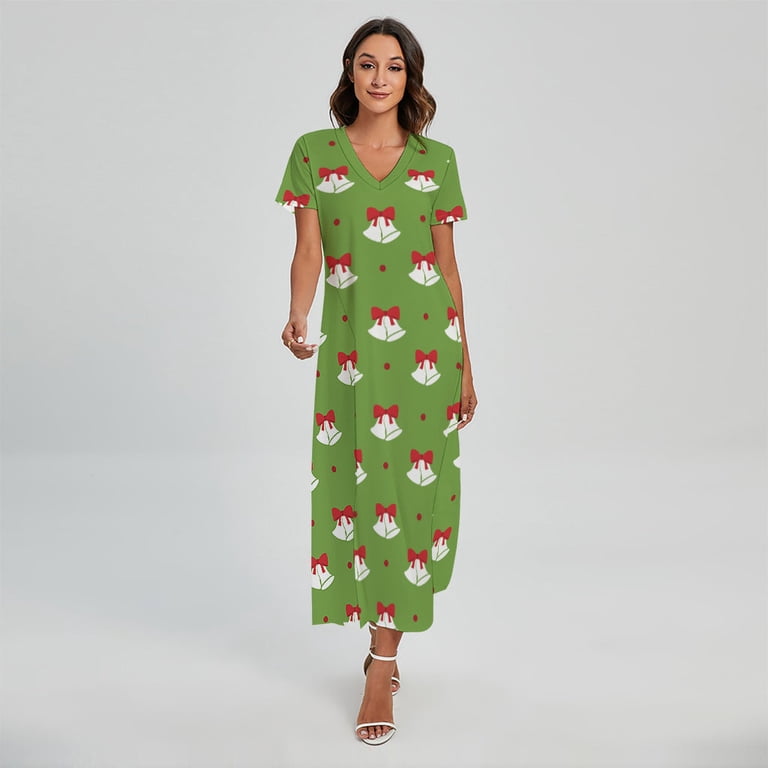 Merry Christmas Bells Pattern Printed Short Sleeve Maxi Dress, Jesus Christian Fashion Summer Maxi Dress For Women