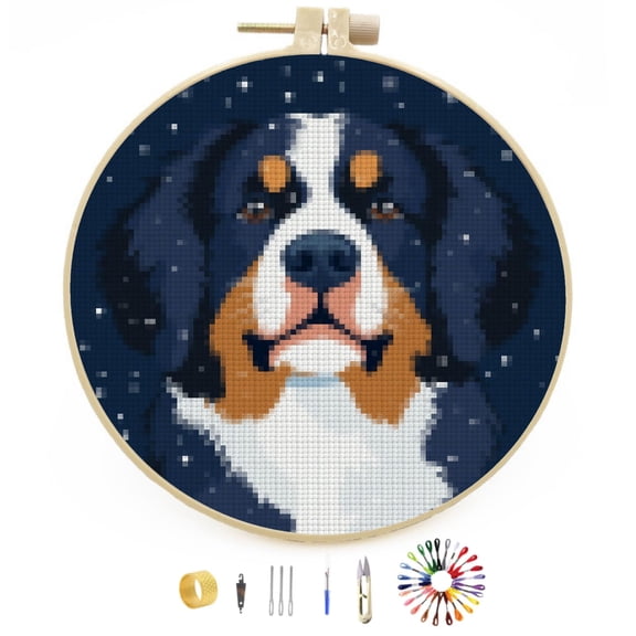 Merry Christmas Bernese Mountain Dog DIY Stamped Cross Stitch Kits Easy for Beginners with Hoop 11CT Counted Embroidery Needlepoint Crafts Arts for Handmade Enthusiasts and Home Decor 30x30cm(3)