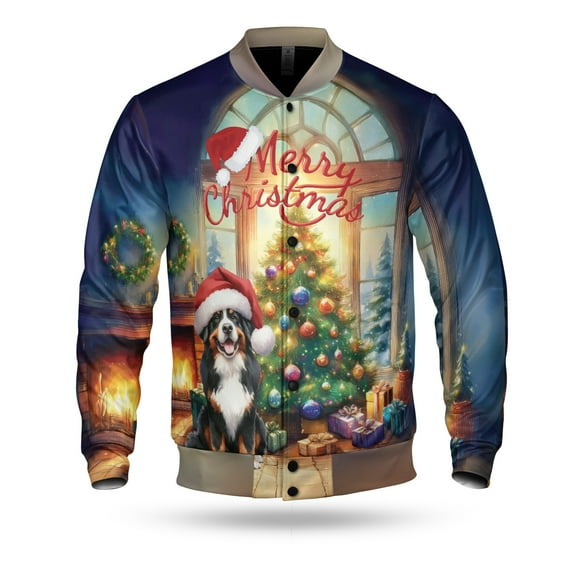 Merry Christmas Bernese Mountain Dog Santa Hat Xmas Tree Winter Holiday All Over Print 3D Baseball Jacket Berner Lover Gifts Bomber Jacket Softball - 01013