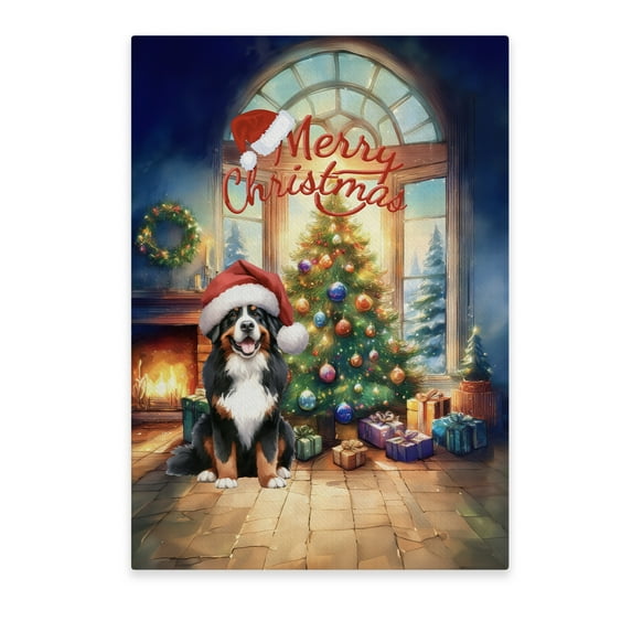 Merry Christmas Bernese Mountain Dog Santa Hat Xmas Tree Winter Holiday Vertical Matte Canvas Poster Berner Lover Gifts Wall Art Home Decor - 01013