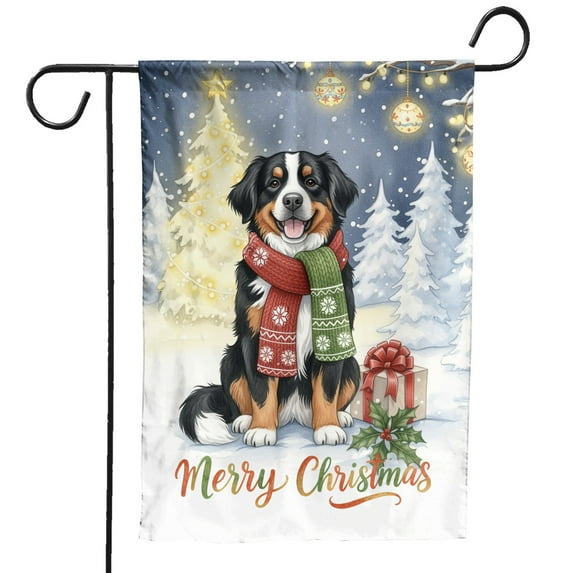 Merry Christmas Bernese Mountain Dog Snowy Winter with Gifts Tree Decorations Garden Flag 12x18in Double Sided Berner Lover Gifts Outdoor Decor - 12020