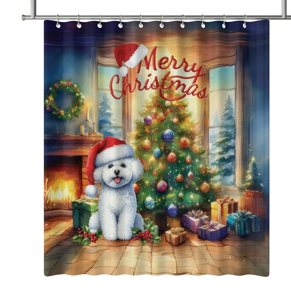 Merry Christmas Bichon Frise Santa Hat Xmas Tree Winter Holiday Shower Curtain Bichons Dog Lovers Gifts Idea Waterproof Bathroom Bathtub Curtain - 01013