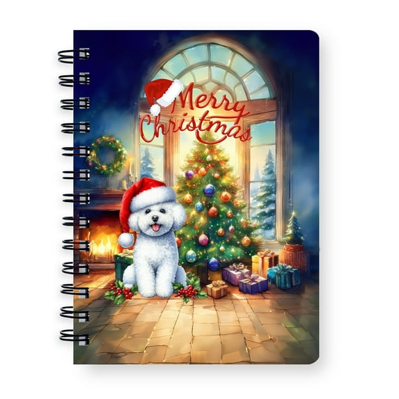 Merry Christmas Bichon Frise Santa Hat Xmas Tree Winter Holiday Spiral Bound Journal Bichons Dog Lovers Gifts Idea 5x7in Spiral Notebook - 01013