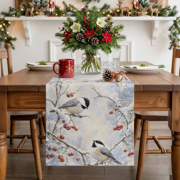 Merry Christmas Bird Tree Branch Table Runner 36 Inches Long, Non-Slip Kitchen Table Runners for Dining Room Everyday Use Party Table Decorations Red Berry Winter Snowy Scene