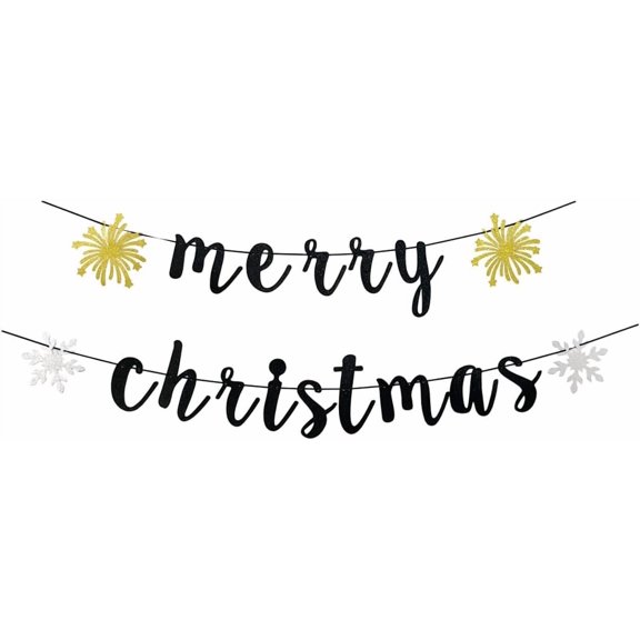 Merry Christmas Black Banner, Christmas Party Sign, Winter Holiday/New Year Party Bunting Decoration Garlands Supplies