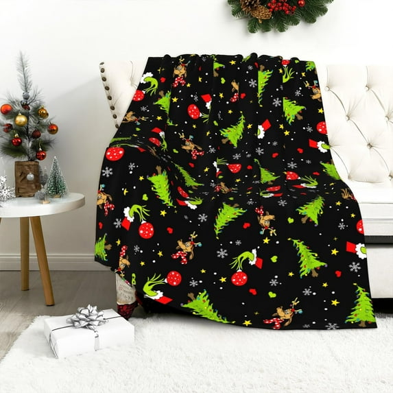 Merry Christmas Black Plaid Blanket Super Soft Flannel Fleece Throw Blankets Elk Snowman Tree Blanket Lightweight Cozy Warm Fuzzy Plush Blankets for Bed Sofa Living Room Home Decor Gifts, 50"x60"