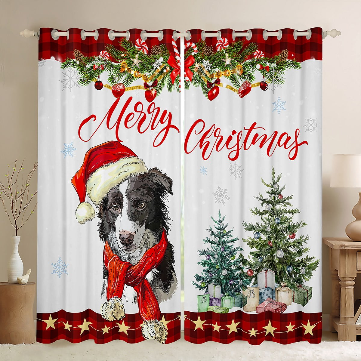Merry Christmas Blackout Curtains Cute Cartoon Dog Themed Curtains