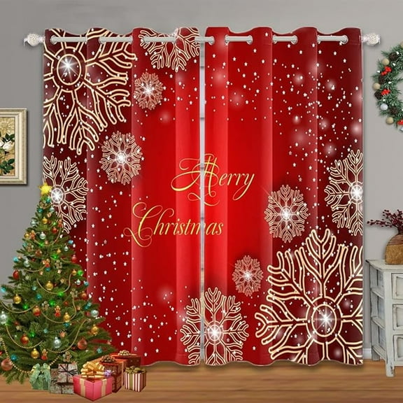 Merry Christmas Blackout Curtains Gold Snowflakes Print Window Curtain Panels For Bedroom Winter Xmas Red Grommet Window Drapes For Living Room 26"W x 54"L (Pack of 2)