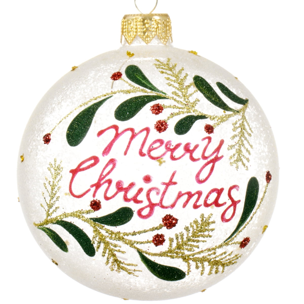 Merry Christmas Blown Glass Ornament - European Mouth-Blown Clear Frosted Glass Ball