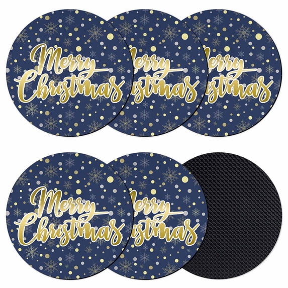 Merry Christmas Blue Coasters Set of 6, Absorbent Coasters for Drinks, Xmas Snowflakes Polka Dot New Year Coaster for Desk Coffee Table Protection, Home Decor House Warming Gifts 4"