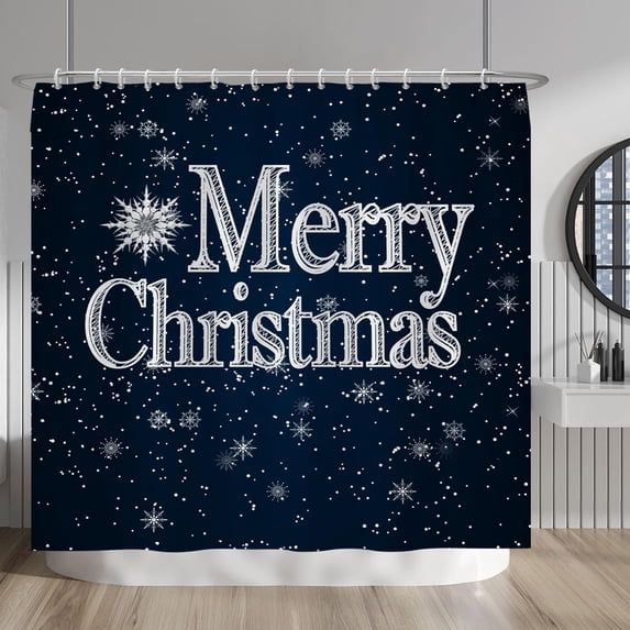 Merry Christmas Blue Shower Curtains Sets Sliver Bauble Shinny Dots Twinkle Stars Snowflake Happy New Year Shower Curtains with Hooks for Bath Bathroom Decors Waterproof Fabric 84x72 Inches