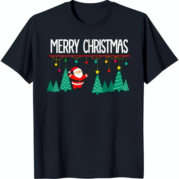Merry Christmas Blue T-Shirt with Colorful Ornaments & Santa Claus Design