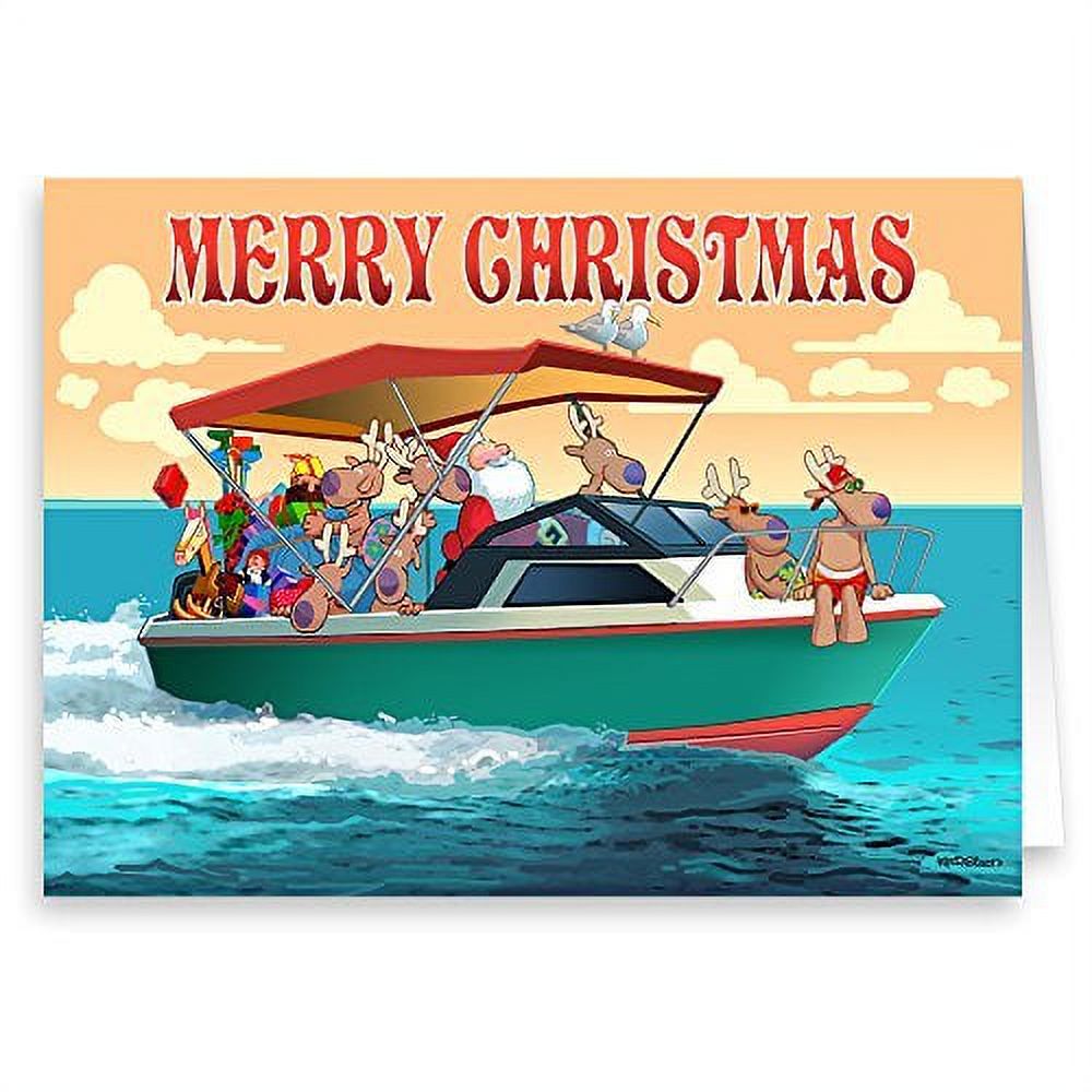 24 Custom Boat Christmas Cards | Personalized Nautical Holiday Cards With Envelopes | USA Made (Santa's Yacht Design)