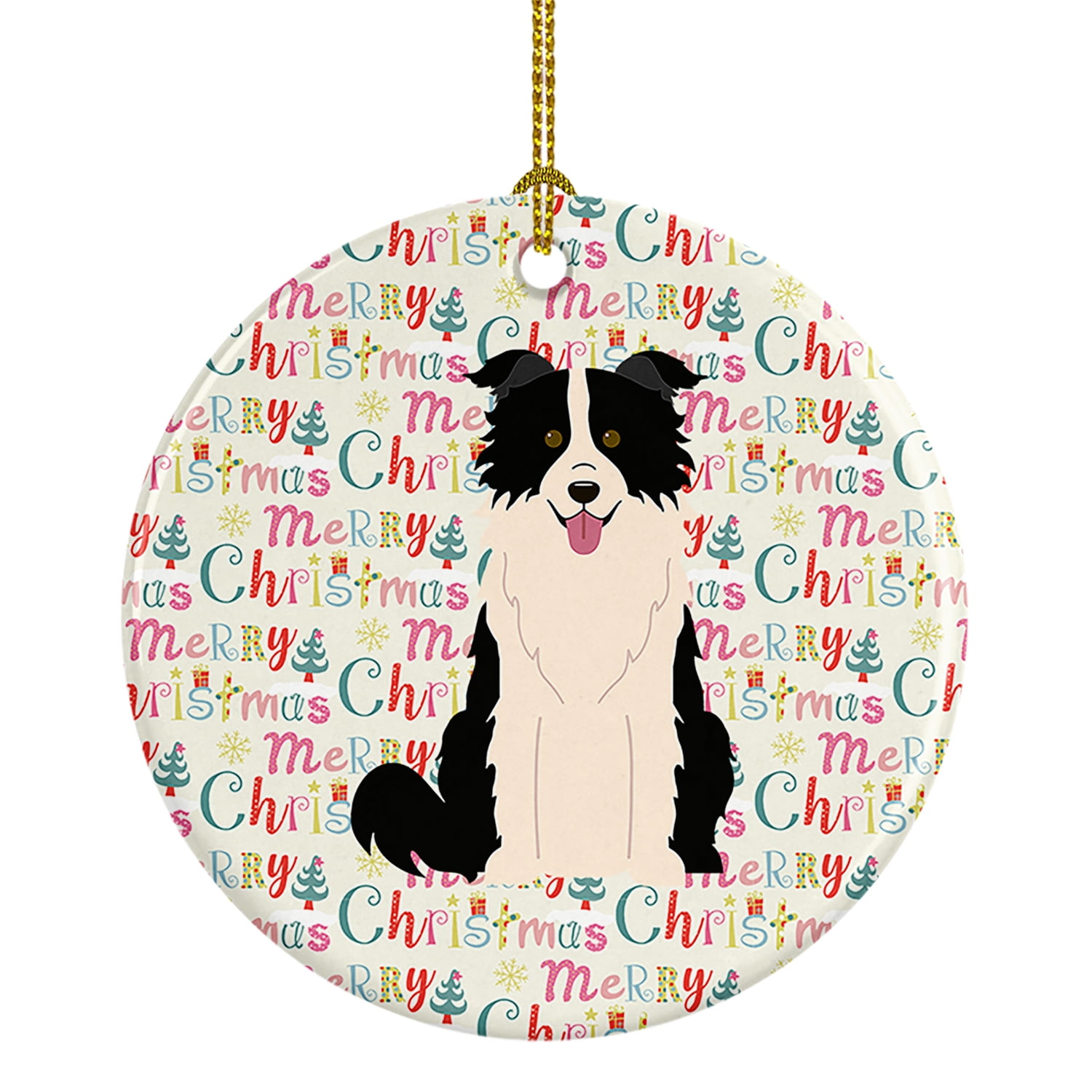 Merry Christmas Border Collie Black White Ceramic Ornament 2.8 in x 2.8 in