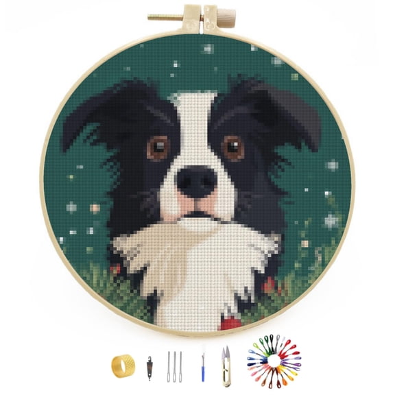 Merry Christmas Border Collie Dog DIY Stamped Cross Stitch Kits Easy for Beginners with Hoop 11CT Counted Embroidery Needlepoint Crafts Arts for Handmade Enthusiasts and Home Decor 30x30cm(6)