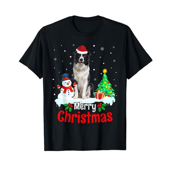Merry Christmas Border Collie Dog Puppy Black T-Shirt