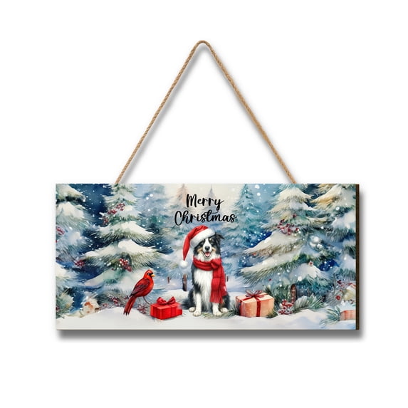 Merry Christmas Border Collie Enjoys Woofmas Winter Xmas Holiday Landscape Wood Sign Borders Dog Lovers Gifts Idea Hanging Wall Home Decor - 02022