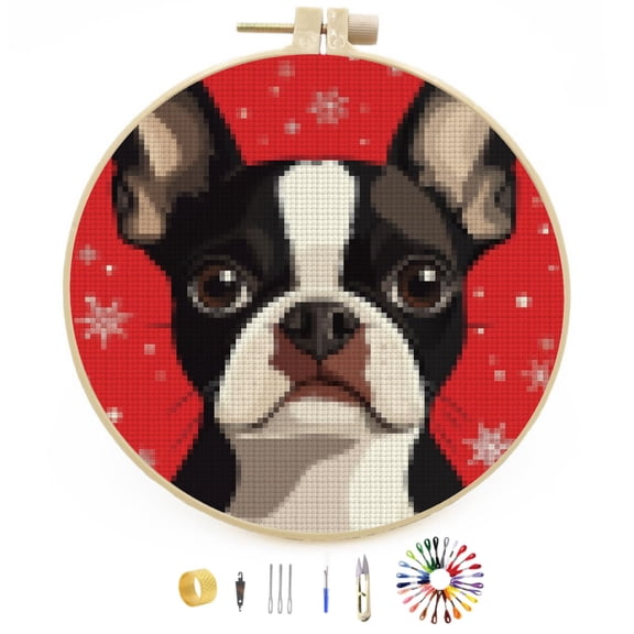 Merry Christmas Boston Terrier Dog DIY Stamped Cross Stitch Kits Easy for Beginners with Hoop 11CT Counted Embroidery Needlepoint Crafts Arts for Handmade Enthusiasts and Home Decor 30x30cm(6)