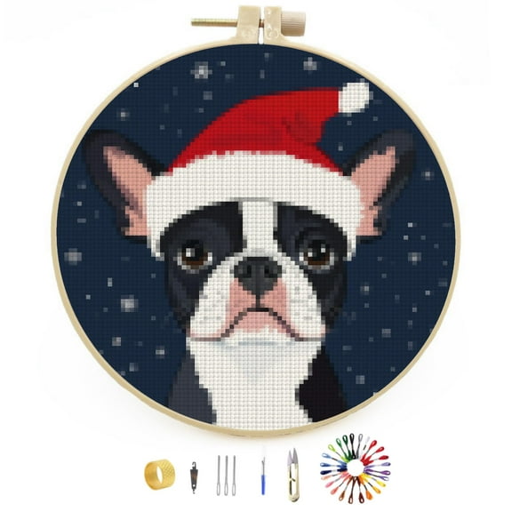 Merry Christmas Boston Terrier Dog DIY Stamped Cross Stitch Kits Easy for Beginners with Hoop 11CT Counted Embroidery Needlepoint Crafts Arts for Handmade Enthusiasts and Home Decor 30x30cm(4)