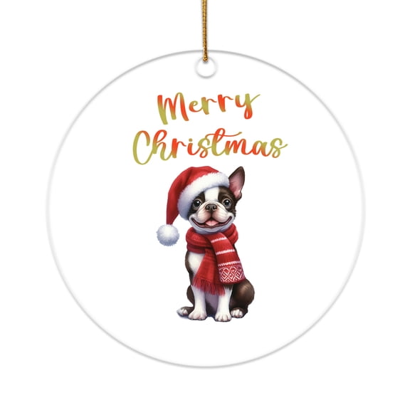Merry Christmas Boston Terrier Enjoys Woofmas Winter Xmas Holiday Acrylic Round Ornament Gentleman Dog Lover Gifts Home Tree Decor - 02022
