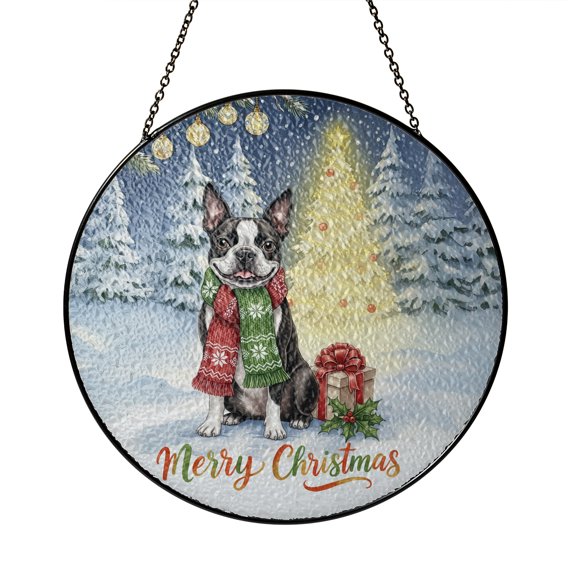 Merry Christmas Boston Terrier Snowy Winter with Gifts Tree Decorations Stained Glass Suncatcher Gentleman Dog Lover Gifts Window Hanging Sign Decor - 12020