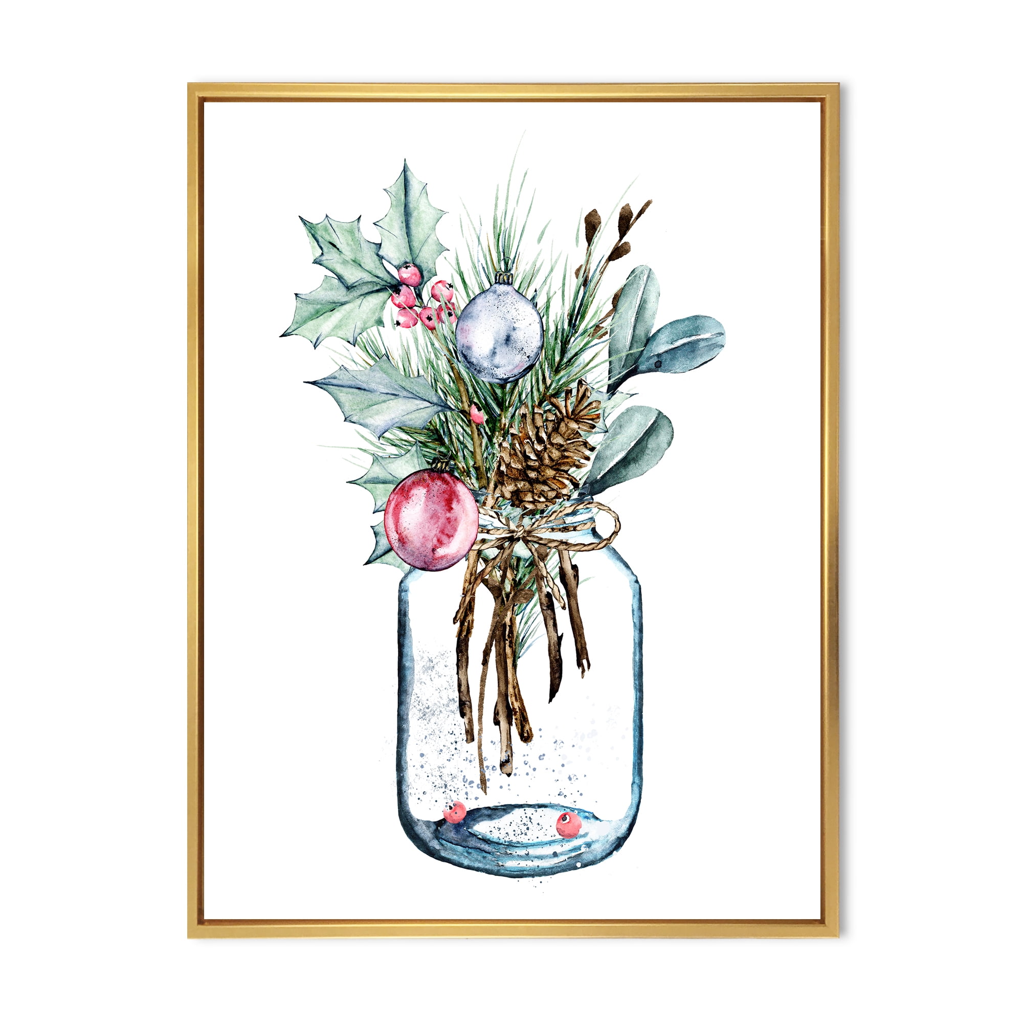 Merry Christmas Bouquet In Transparant Jar 12 in x 20 in Framed Painting Canvas Art Print, by Designart