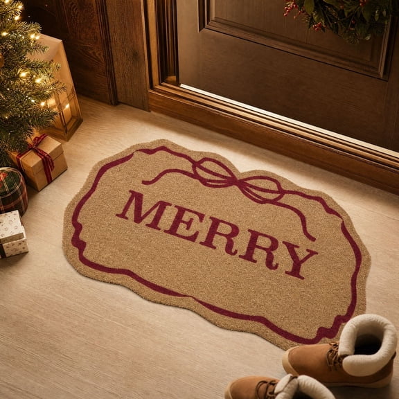 Merry Christmas Bow Frame Door Mat, Crystal Velvet Holiday Welcome Floor Rug, Decorative Entry Mat for Front Door, Entryway, Porch, Indoor Outdoor Xmas Home Decor