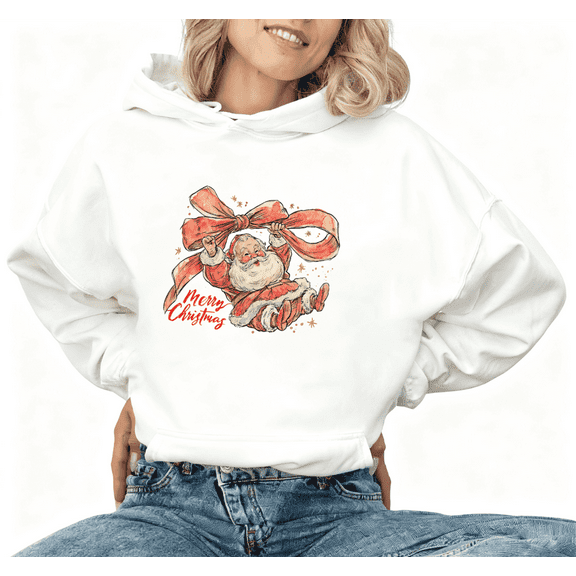 Merry Christmas Bow Santa Tee T-Shirt Print Top Breathable and Trendy Hooded long-sleeved White S-2XL