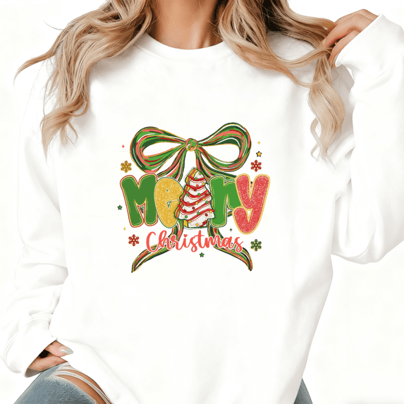 Merry Christmas Bow Tree Tee T-Shirt Print Top Commuting Round-neck long-sleeved white S-3XL