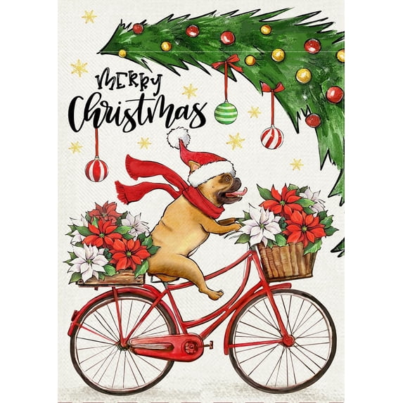 Merry Christmas Boxer Dog Decorative Garden Flag, Xmas Pine Tree Red Bicycle Poinsettia Snowflake Yard Outside Decorations, Winter Holiday Farmhouse Outdoor Small Home Decor Double Sided 12x18
